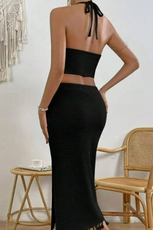 Tassel Trim Crop Halter Top & Split Thigh Skirt - Image 10