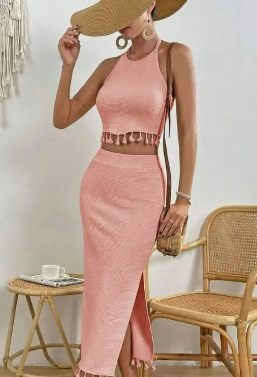 Tassel Trim Crop Halter Top & Split Thigh Skirt - Image 7