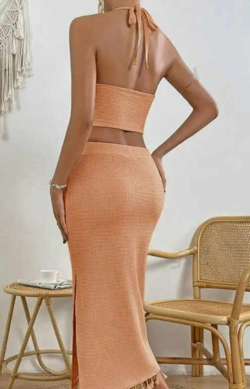 Tassel Trim Crop Halter Top & Split Thigh Skirt - Image 5