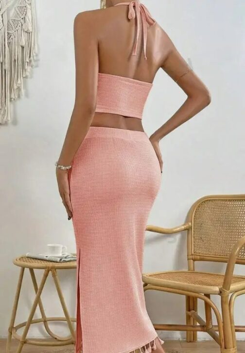 Tassel Trim Crop Halter Top & Split Thigh Skirt - Image 6