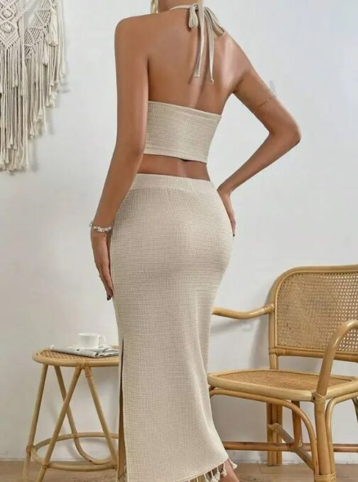 Tassel Trim Crop Halter Top & Split Thigh Skirt - Image 2