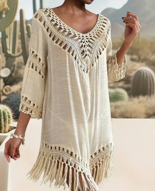 Bohemian Style Sexy V-Neck Cover-Up, Long Fringe Decor, Loose Fit Semi-Sheer Dress - Image 7