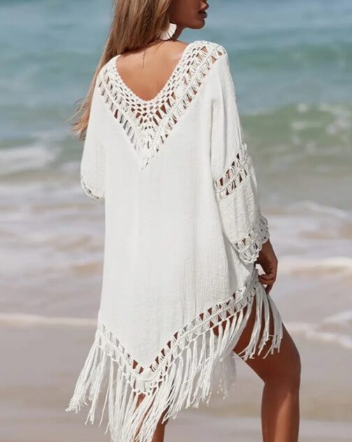 Bohemian Style Sexy V-Neck Cover-Up, Long Fringe Decor, Loose Fit Semi-Sheer Dress - Image 4
