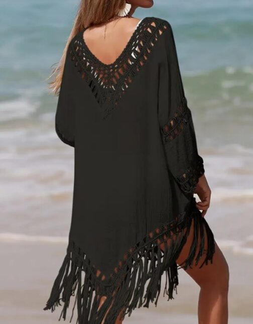 Bohemian Style Sexy V-Neck Cover-Up, Long Fringe Decor, Loose Fit Semi-Sheer Dress - Image 2