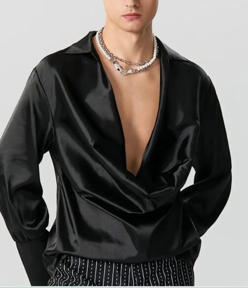 Shirt Top Deep V Neck Long Sleeve - Image 2