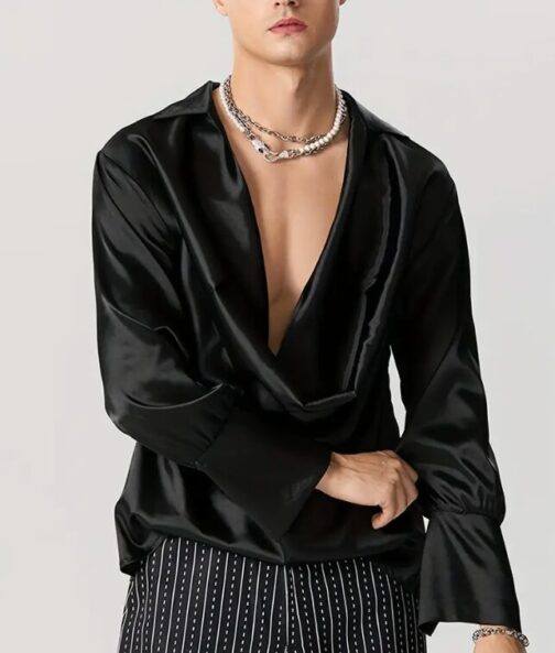 Shirt Top Deep V Neck Long Sleeve - Image 4