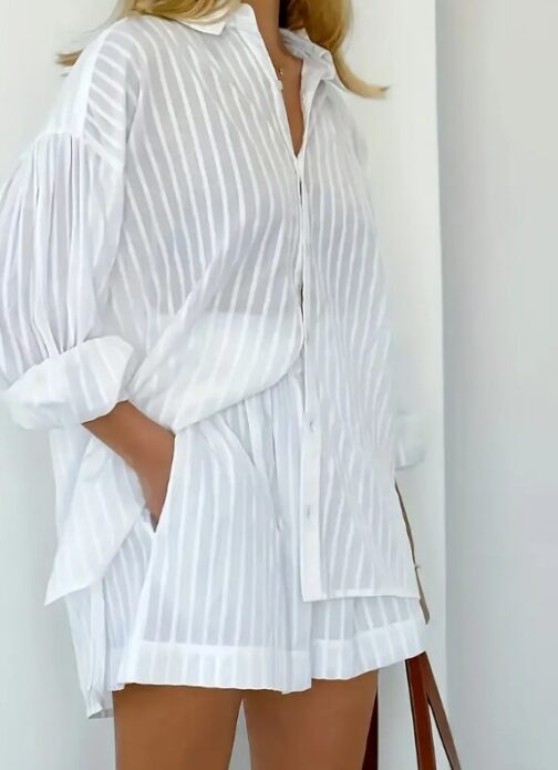 Front Long Sleeve Shirt & Pocket Shorts Outfit - Image 2